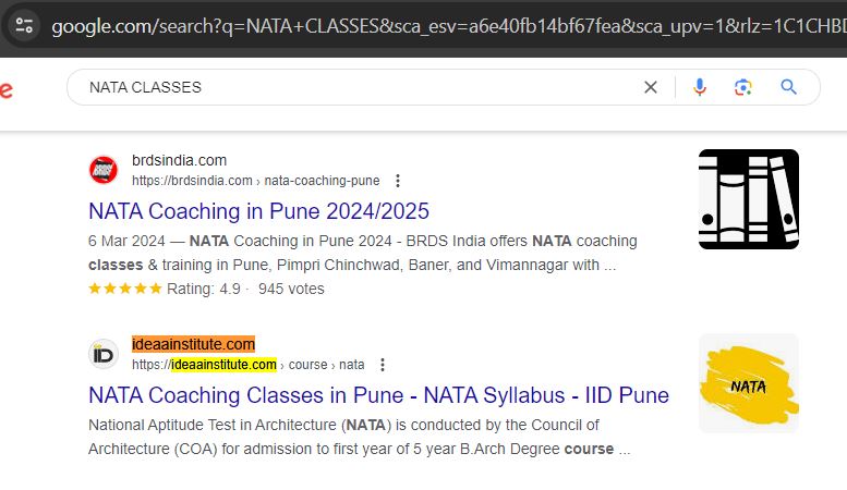 NATA CLASSES Ranked on 2nd Position, SEO Result by Awrange Digital