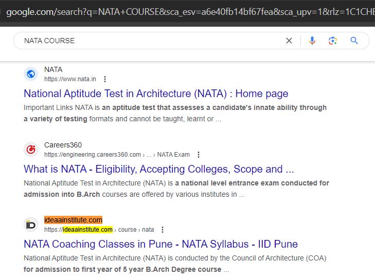 Nata Course Ranked on 3rd Position SEO Result by Awrange